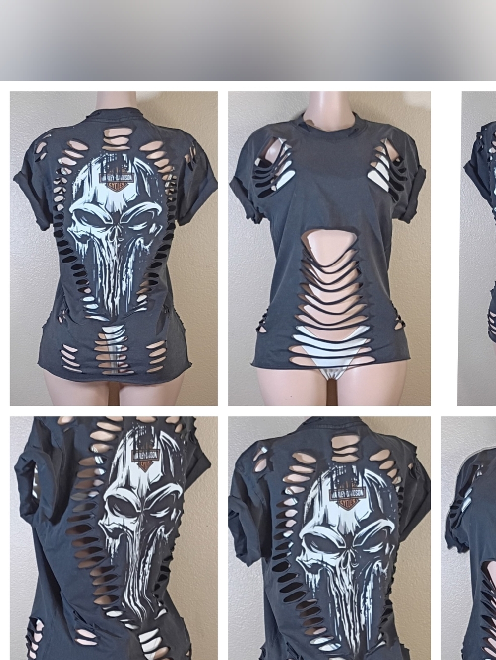 Custom Designed and Distressed Skull Graphic Cutout Women's Top - Dark Gray